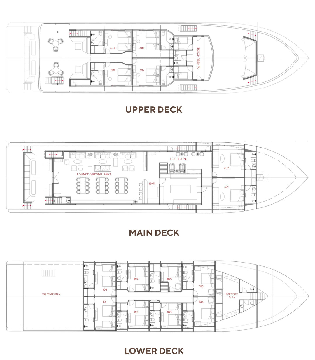 Maldives Legend Y deck plan - upper, main and lower decks