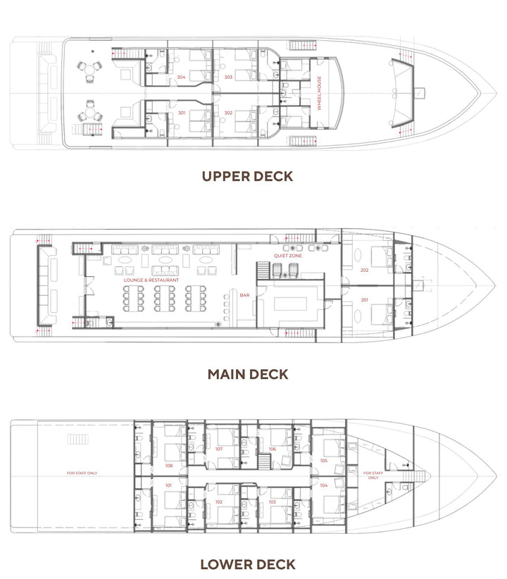 Maldives Legend Y deck plan - upper, main and lower decks