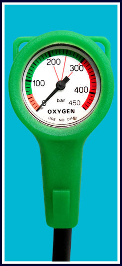 Nautilus Oxygen Gauge on 15cm Rubber Hose in Green Boot - SPG15OXY